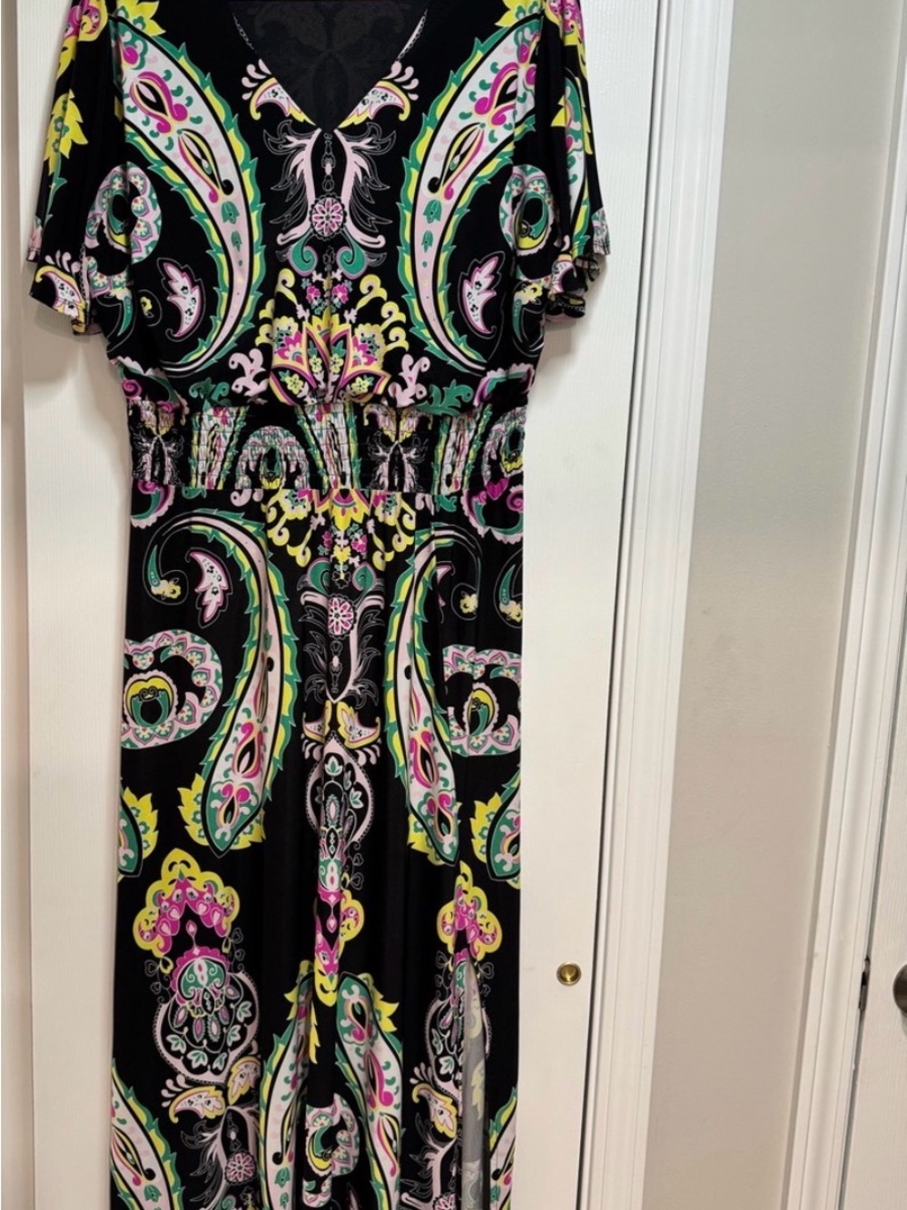 Black Paisley V-Neck Maxi Dress with Pink & Mint Accents